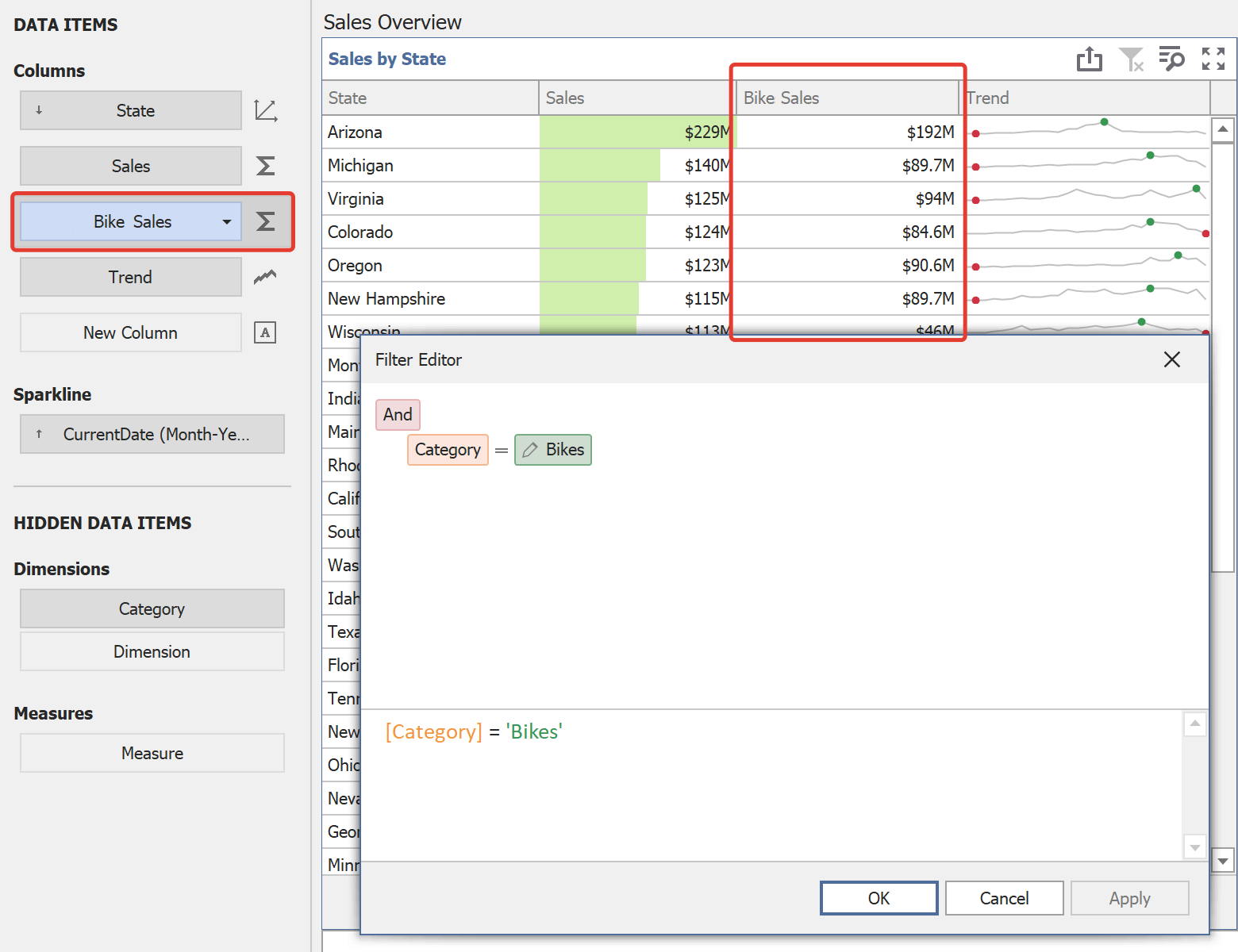 DevExpress Dashboard Filter to the Measure